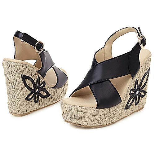 Mediffen Mujer Punta Abierta Moda Tacón Alto De Cuña Plataforma Alpargatas Sandalias Mujer Verano Correa De Tobillo Fiesta Sandalias Negro Talla 33 Asiática