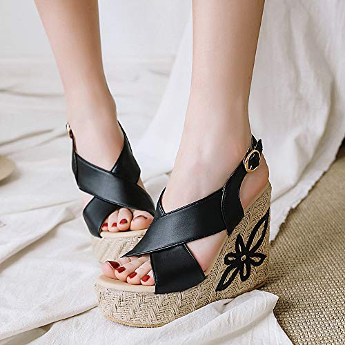 Mediffen Mujer Punta Abierta Moda Tacón Alto De Cuña Plataforma Alpargatas Sandalias Mujer Verano Correa De Tobillo Fiesta Sandalias Negro Talla 33 Asiática