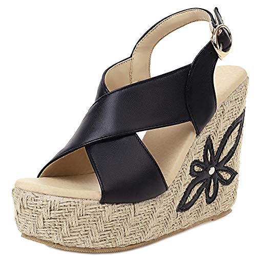 Mediffen Mujer Punta Abierta Moda Tacón Alto De Cuña Plataforma Alpargatas Sandalias Mujer Verano Correa De Tobillo Fiesta Sandalias Negro Talla 33 Asiática