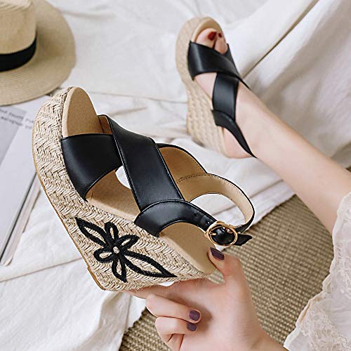 Mediffen Mujer Punta Abierta Moda Tacón Alto De Cuña Plataforma Alpargatas Sandalias Mujer Verano Correa De Tobillo Fiesta Sandalias Negro Talla 33 Asiática