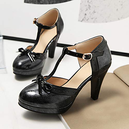 Mediffen Mujer Tacón Alto Fiesta T Strap Plataforma Sandalias Con Lazos Elegante Boda Correa De Tobillo Hebilla Vestido Zapatos Gris-Negro Talla 34 EU