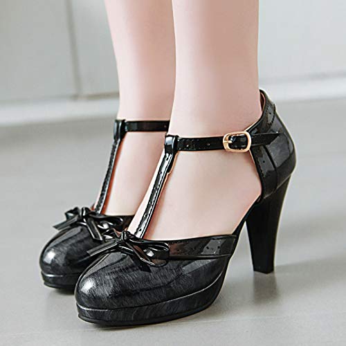 Mediffen Mujer Tacón Alto Fiesta T Strap Plataforma Sandalias Con Lazos Elegante Boda Correa De Tobillo Hebilla Vestido Zapatos Gris-Negro Talla 34 EU