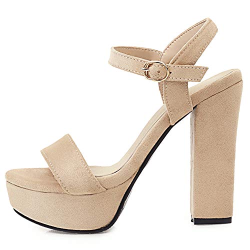 Mediffen Mujer Tacón Ancho Moda Punta Abierta Correa De Tobillo Plataforma Sandalias Verano Noche Fiesta Vestido Sandalias Beige Talla 33 Asiática