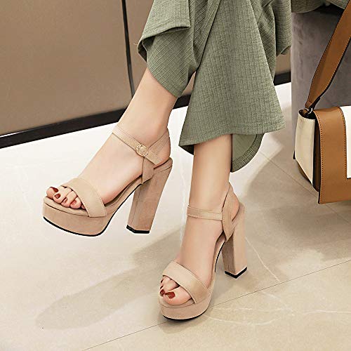 Mediffen Mujer Tacón Ancho Moda Punta Abierta Correa De Tobillo Plataforma Sandalias Verano Noche Fiesta Vestido Sandalias Beige Talla 33 Asiática