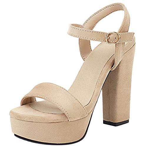 Mediffen Mujer Tacón Ancho Moda Punta Abierta Correa De Tobillo Plataforma Sandalias Verano Noche Fiesta Vestido Sandalias Beige Talla 33 Asiática