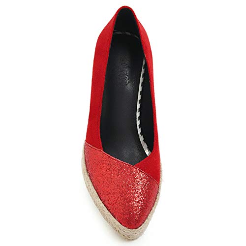 Mediffen Tacón De Cuña Plataforma Alpargatas Mujer Puntiagudo Moda Heel Pump con Lazos Casual Sin Cordones Pump Rojo Talla 33 EU