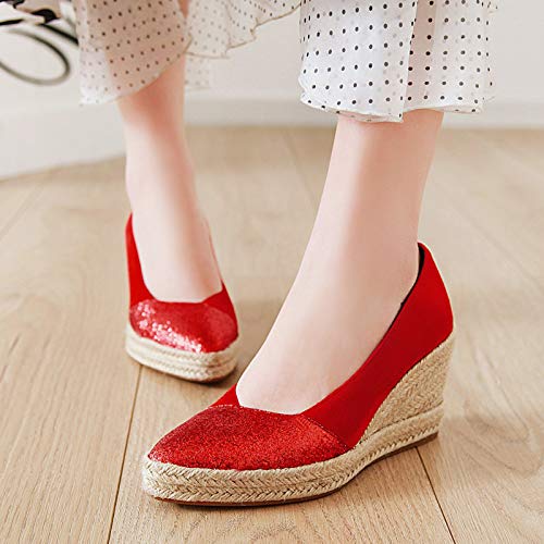 Mediffen Tacón De Cuña Plataforma Alpargatas Mujer Puntiagudo Moda Heel Pump con Lazos Casual Sin Cordones Pump Rojo Talla 33 EU