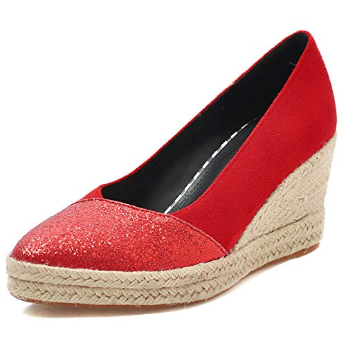 Mediffen Tacón De Cuña Plataforma Alpargatas Mujer Puntiagudo Moda Heel Pump con Lazos Casual Sin Cordones Pump Rojo Talla 33 EU