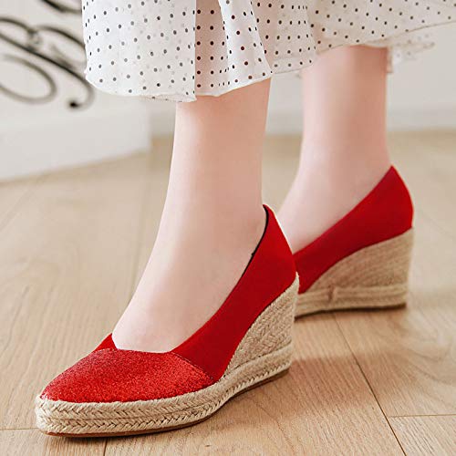 Mediffen Tacón De Cuña Plataforma Alpargatas Mujer Puntiagudo Moda Heel Pump con Lazos Casual Sin Cordones Pump Rojo Talla 33 EU