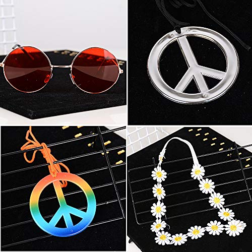 MEJOSER 6pcs Accesorios Disfraz Fiesta Hippie 2pcs Gafas Hippie de Sol 2pcs Colgantes Hippies de la Paz 2pcs Diademas Peace y de Flores Mujer Hombre