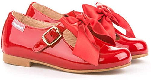 Merceditas de Charol con Lazo para Niña. Marca AngelitoS. Modelo 516. Todo Piel. Calzado Infantil Hecho en España. Color Rojo. Número 28