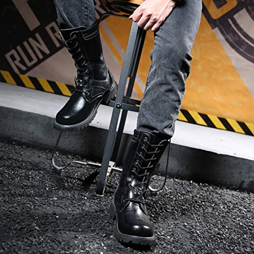 MERRYHE Los Hombres Ataban con Cordones Martin Boots Army Combat Boot Chain Decoration Cuero De La PU Botas De Media Pantorrilla Desierto De La Patrulla Impermeable Zapatos Militares,Black-43