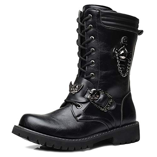 MERRYHE Los Hombres Ataban con Cordones Martin Boots Army Combat Boot Chain Decoration Cuero De La PU Botas De Media Pantorrilla Desierto De La Patrulla Impermeable Zapatos Militares,Black-43