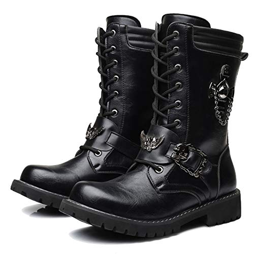 MERRYHE Los Hombres Ataban con Cordones Martin Boots Army Combat Boot Chain Decoration Cuero De La PU Botas De Media Pantorrilla Desierto De La Patrulla Impermeable Zapatos Militares,Black-43