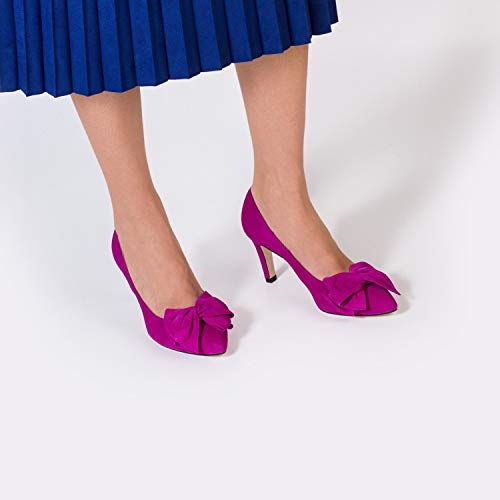 Milena - Zapatos Tacones de Piel para Mujer con Lazo - Hechos en España - Tacon Alto de Aguja 7 cm - Forro Piel - Moda Tendencia Salones Stilettos Elegantes - Piel Ante Morado - Morado 36 EU