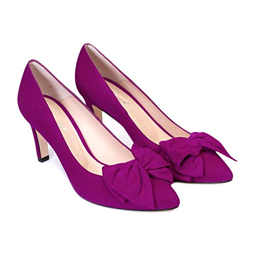 Milena - Zapatos Tacones de Piel para Mujer con Lazo - Hechos en España - Tacon Alto de Aguja 7 cm - Forro Piel - Moda Tendencia Salones Stilettos Elegantes - Piel Ante Morado - Morado 36 EU