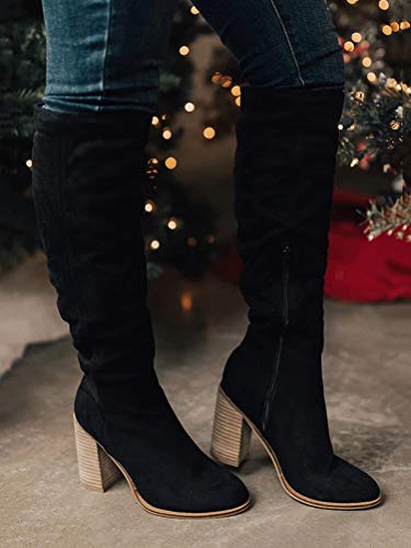 Minetom Botines Mujer Otoño Invierno Planos Largo Botas sobre La Rodilla Moda Alta Tacón Ancho Elegante Zapatos Boots Negro 36 EU