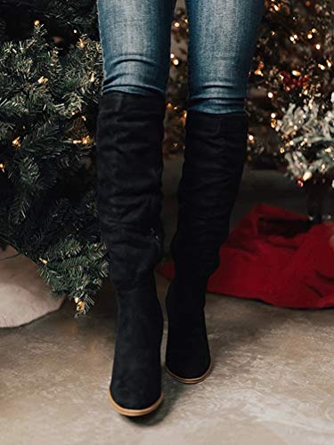 Minetom Botines Mujer Otoño Invierno Planos Largo Botas sobre La Rodilla Moda Alta Tacón Ancho Elegante Zapatos Boots Negro 36 EU