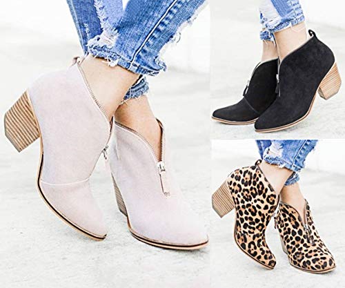 Minetom Botines Mujer Tacon Medio Invierno Planos Tacon Ancho Piel Botas Moda 5Cm Casual Planas Zapatos Calzado Caqui Rosa Azul Negros 35-43 Negro 42 EU