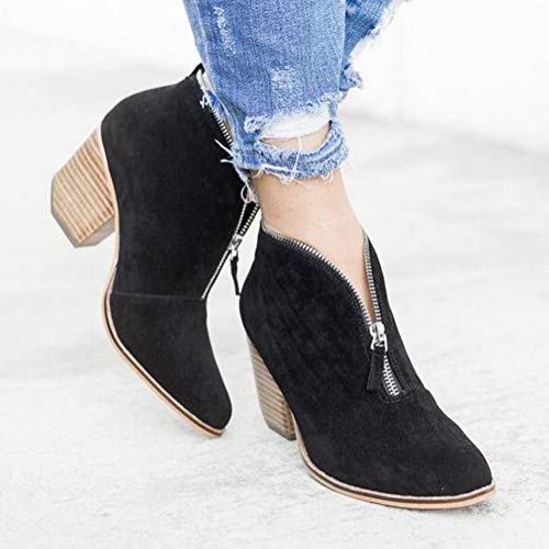 Minetom Botines Mujer Tacon Medio Invierno Planos Tacon Ancho Piel Botas Moda 5Cm Casual Planas Zapatos Calzado Caqui Rosa Azul Negros 35-43 Negro 42 EU