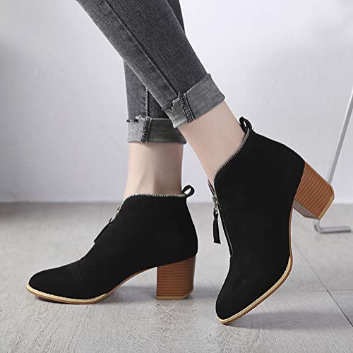 Minetom Botines Mujer Tacon Medio Invierno Planos Tacon Ancho Piel Botas Moda 5Cm Casual Planas Zapatos Calzado Caqui Rosa Azul Negros 35-43 Negro 42 EU