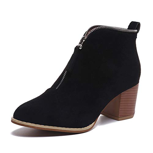 Minetom Botines Mujer Tacon Medio Invierno Planos Tacon Ancho Piel Botas Moda 5Cm Casual Planas Zapatos Calzado Caqui Rosa Azul Negros 35-43 Negro 42 EU