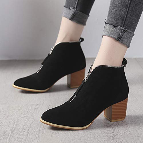 Minetom Botines Mujer Tacon Medio Invierno Planos Tacon Ancho Piel Botas Moda 5Cm Casual Planas Zapatos Calzado Caqui Rosa Azul Negros 35-43 Negro 42 EU