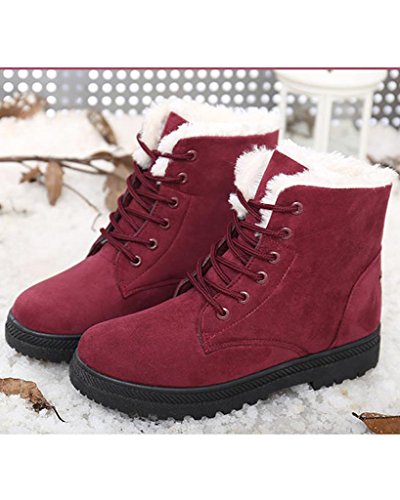 Minetom Mujer Botas Fur Calentar Botines Planos Chic Gamuza Sintética Cordón-Arriba Botas de Nieve Vino rojo EU 35