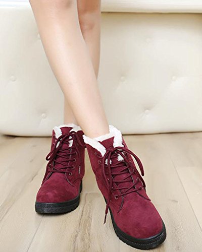 Minetom Mujer Botas Fur Calentar Botines Planos Chic Gamuza Sintética Cordón-Arriba Botas de Nieve Vino rojo EU 35