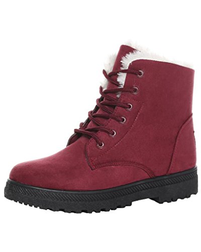 Minetom Mujer Botas Fur Calentar Botines Planos Chic Gamuza Sintética Cordón-Arriba Botas de Nieve Vino rojo EU 35