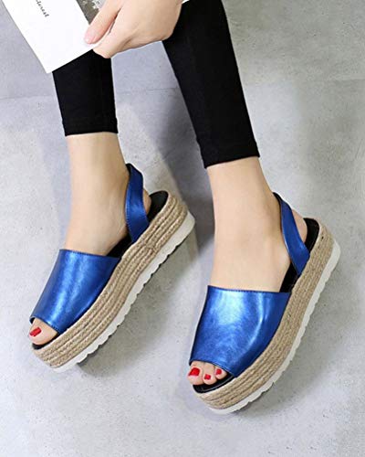 Minetom Mujer Cuña Alpargatas Espadrilles Plataforma Romanas Gladiador Sandalias Verano Tacon Planas Mares Playa Chancletas Zapatillas Zapatos Azul 35 EU