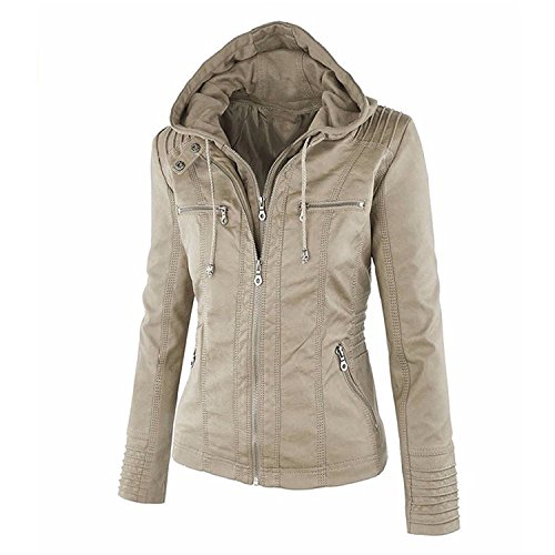 Minetom Mujer Invierno Cremallera Jackets Chaquetas Deportiva Cuero Moto Cazadoras Imitacion Piel Biker Abrigos Con Capucha Caqui ES 38