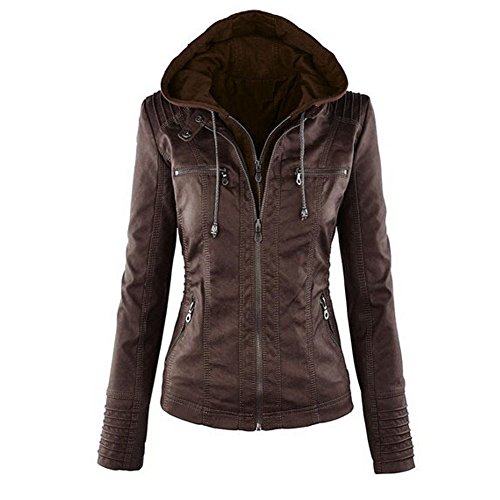 Minetom Mujer Invierno Cremallera Jackets Chaquetas Deportiva Cuero Moto Cazadoras Imitacion Piel Biker Abrigos Con Capucha Marron Oscuro ES 38