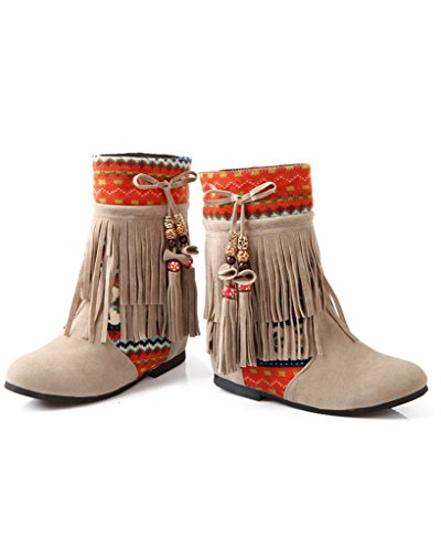 Minetom Mujer Otoño Invierno Cuero Nobuck Calentar Botas De Flecos con Cuentas Zapatos Cargadores Cómodo Botines Beige EU 39