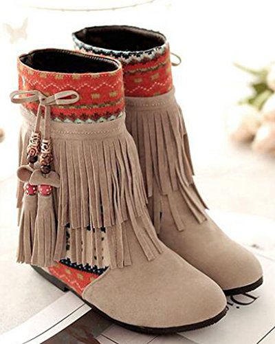 Minetom Mujer Otoño Invierno Cuero Nobuck Calentar Botas De Flecos con Cuentas Zapatos Cargadores Cómodo Botines Beige EU 39