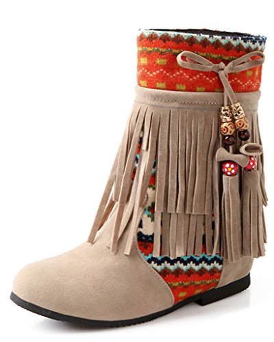 Minetom Mujer Otoño Invierno Cuero Nobuck Calentar Botas De Flecos con Cuentas Zapatos Cargadores Cómodo Botines Beige EU 39