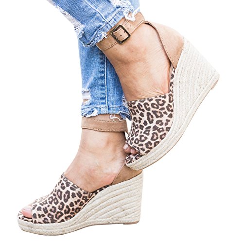 Minetom Mujer Sandalias Alpargatas Chancletas De Tacón Alto Plataforma Cuña Playa Zapatos De Verano Hebilla Espadrille Leopardo EU 42