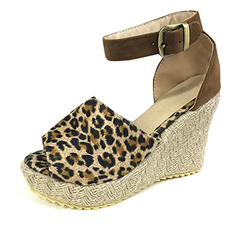 Minetom Mujer Sandalias Alpargatas Chancletas De Tacón Alto Plataforma Cuña Playa Zapatos De Verano Hebilla Espadrille Leopardo EU 42
