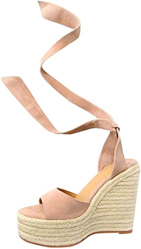 Minetom Mujer Sandalias Dulce Alpargatas Chancletas De Tacón Alto Plataforma Cuña Playa Zapatos de Verano Hebilla Espadrille Sandals Caqui EU 35