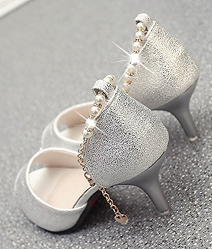Minetom Mujer Verano Elegante Tacón Alto Hebilla Diamantes De Imitación Con Cuentas Fina Sandalias Cabeza Pescado Zapatos Plateado EU 40