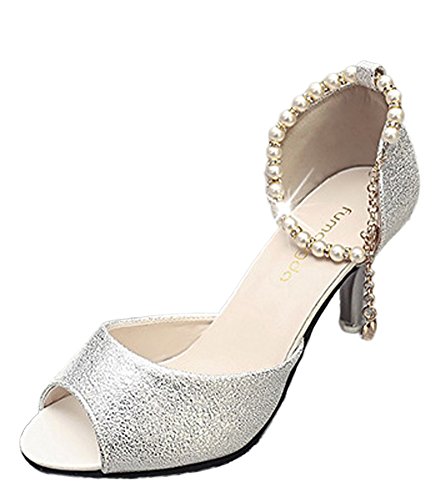 Minetom Mujer Verano Elegante Tacón Alto Hebilla Diamantes De Imitación Con Cuentas Fina Sandalias Cabeza Pescado Zapatos Plateado EU 40