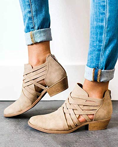 Minetom Mujer Verano Otoño Botas Cortas Elegante Cómodas Antideslizante Tacón Ancho Zapatos Chic Ahuecar Cremallera Bootie Botines Chelsea Ankle Boots Caqui EU 43