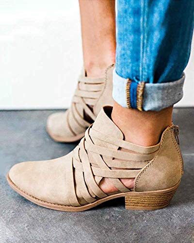 Minetom Mujer Verano Otoño Botas Cortas Elegante Cómodas Antideslizante Tacón Ancho Zapatos Chic Ahuecar Cremallera Bootie Botines Chelsea Ankle Boots Caqui EU 43