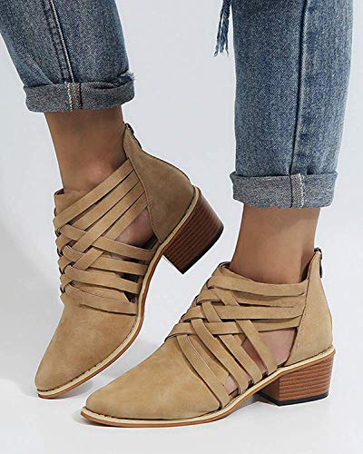 Minetom Mujer Verano Otoño Botas Cortas Elegante Cómodas Antideslizante Tacón Ancho Zapatos Chic Ahuecar Cremallera Bootie Botines Chelsea Ankle Boots Caqui EU 43