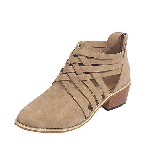 Minetom Mujer Verano Otoño Botas Cortas Elegante Cómodas Antideslizante Tacón Ancho Zapatos Chic Ahuecar Cremallera Bootie Botines Chelsea Ankle Boots Caqui EU 43