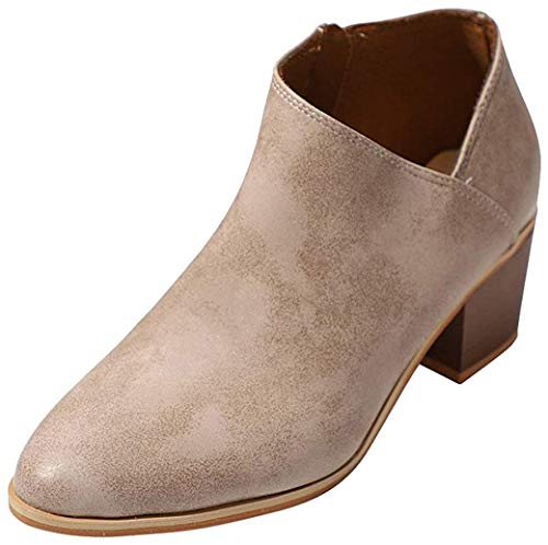 Minetom Mujeres Botas Sólido Tacón Ancho PU Boots Moda Casual Puntera Redonda Zapatos Cremallera Otoño Elegante Bootie Caqui EU 39