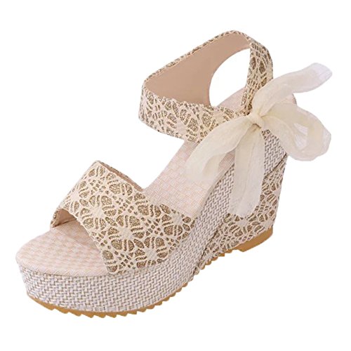 Minetom Sandalias con Cuña Mujer Verano Dulce Encaje Arco Peep Toe Zapatos Chancletas Zapatillas Playa Boda Albaricoque EU 39