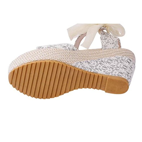 Minetom Sandalias con Cuña Mujer Verano Dulce Encaje Arco Peep Toe Zapatos Chancletas Zapatillas Playa Boda Blanco EU 37