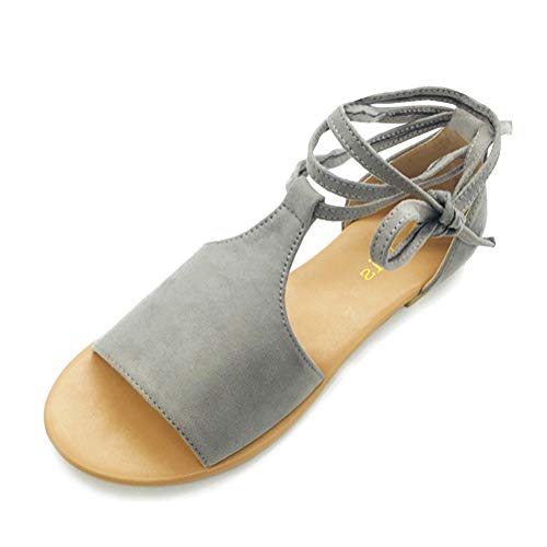 Minetom Sandalias Mujer Romano Vintage Verano Planos Elegante Peep Toe Zapatos De Playa Dulce Peep Toe Cordones Zapatillas Sandals Gris EU 42