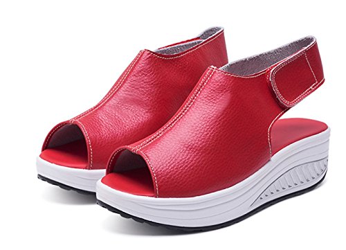 Minetom Sandalias Mujer Zapatillas De Plataforma Tobillo PU Cuero Cuña Confort Peep Toe Tacón Alto Velcro Cabeza Pescado Zapatos para Caminar Rojo EU 40